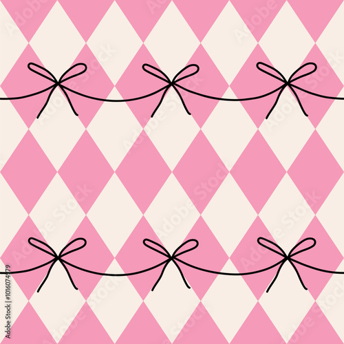 Seamless abstract geometric pattern of pink rhombuses in a row with black bows on a light background, harlequin modern motifs, flat style
