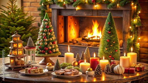 A warm and festive living room with a glowing fireplace, a beautifully decorated Christmas tree, and an array of wrapped presents. String lights and holiday garlands enhance the cozy Christmas atmosph photo