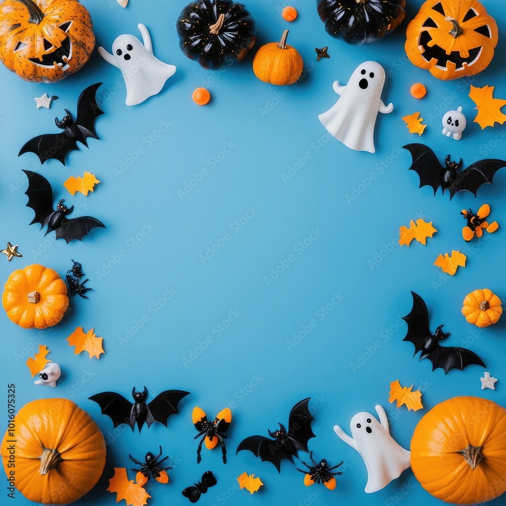 Halloween frame with party decorations of pumpkins, bats, ghosts, spiders on blue background Halloween frame with party decorations of pumpkins, bats, ghosts, spiders on blue background