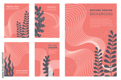 Abstract Wave Line Elements Set, Sunset Coral with Seaweed Design