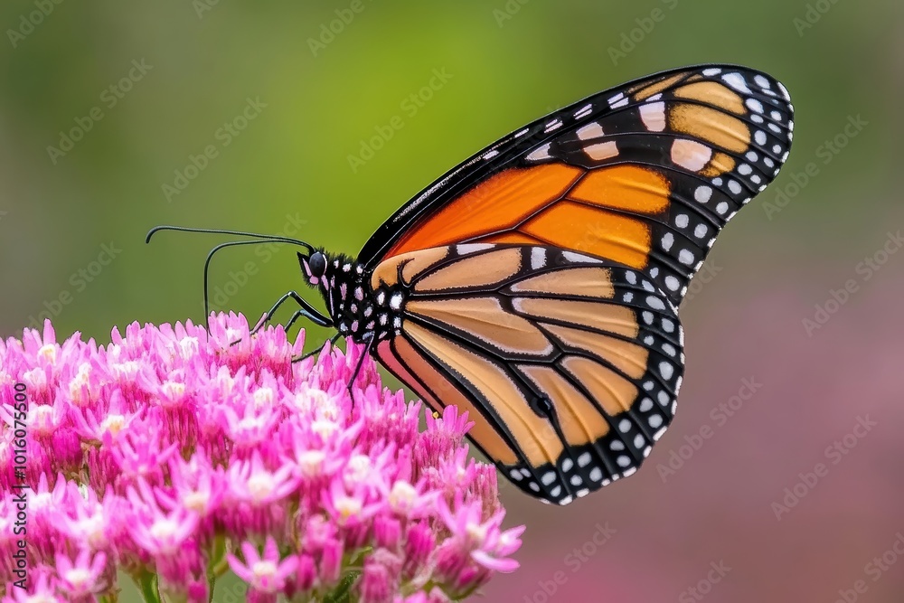 Monarch butterfly on vibrant pink flowers in natural habitat Monarch butterfly on vibrant pink flowers in natural habitat
