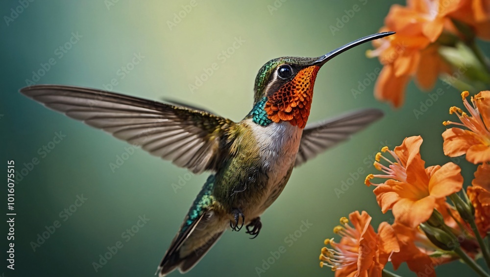 Fototapeta premium A hummingbird hovers near a cluster of vibrant flowers, displaying its iridescent green and blue plumage with a colorful throat. The flowers are predominantly red and orange, standing out against the 