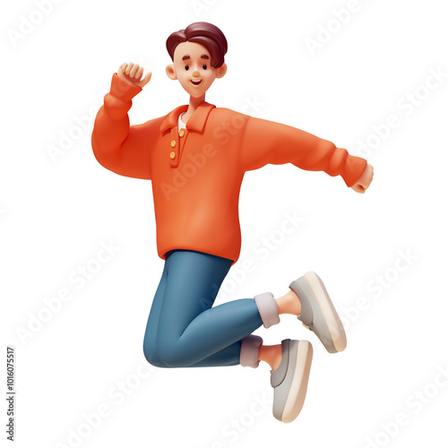 Full length handsome cute kawaii excited asian smiling guy, casual fashion clothes, red sweater, blue pants, grey sneakers in jumping victory pose floating in air. 3d render isolated on white backdrop