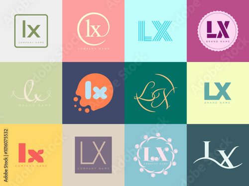 LX logo company template. Letter l and x logotype. Set different classic serif lettering and modern bold text with design elements. Initial font typography.