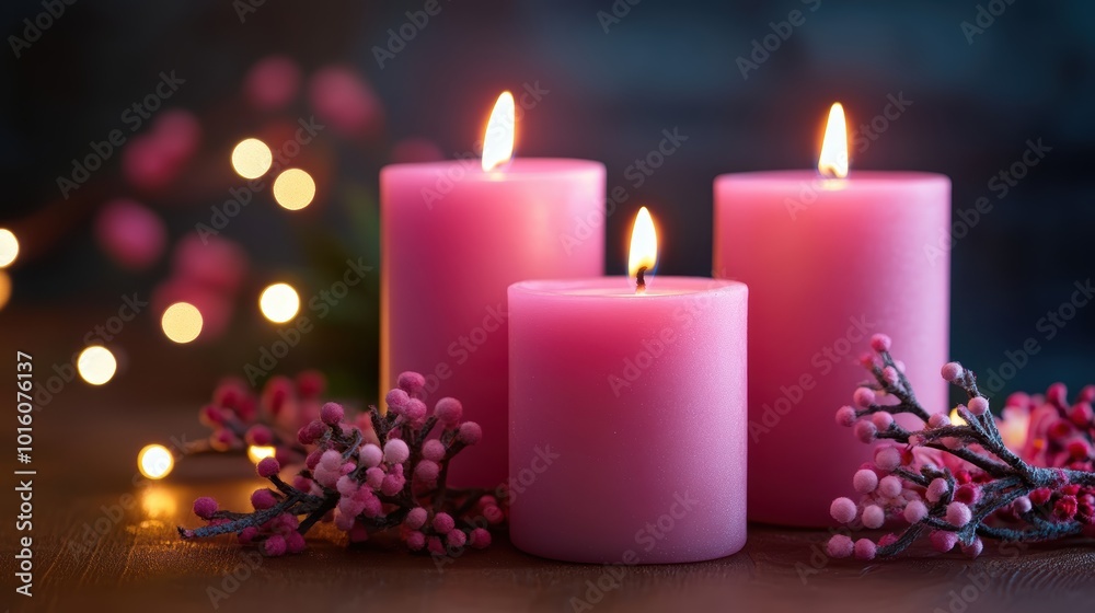 Warm festive glow of three pink candles with twinkling bokeh lights Warm festive glow of three pink candles with twinkling bokeh lights