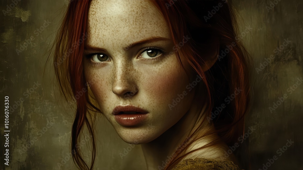 Enigmatic redhead woman with intense gaze freckles Enigmatic redhead woman with intense gaze freckles