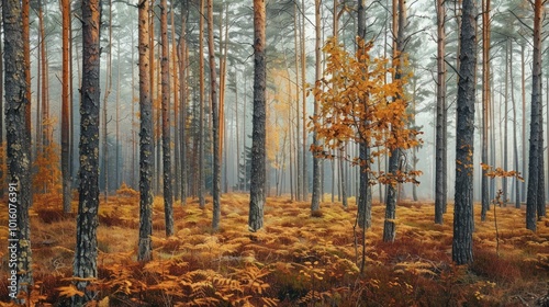 Misty Autumn Forest with Tall Pine Trees and Golden Leaves