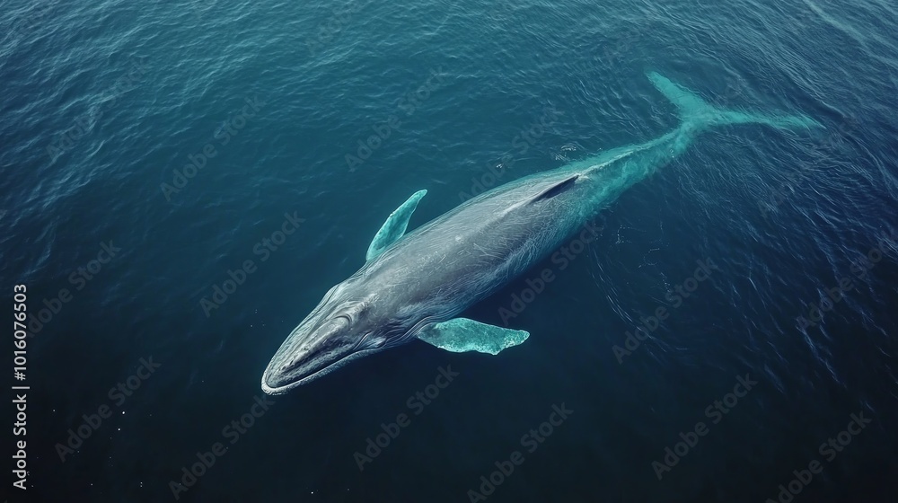 Fototapeta premium An aerial view of a large blue whale swimming in the ocean.