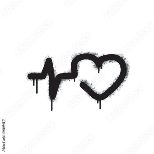 Spray Graffiti love heartbeat icon isolated on white background. graffiti love heartbeat icon with overspray in black on white. Vector illustration.