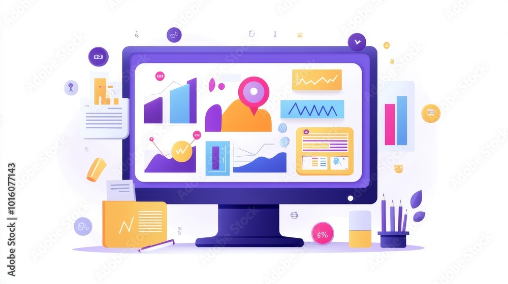 This image shows a computer screen with charts, graphs, and documents. It's perfect for showing data in presentations, reports, and business projects. The style is simple and modern. This image shows a computer screen with charts, graphs, and documents. It's perfect for showing data in presentations, reports, and business projects. The style is simple and modern.