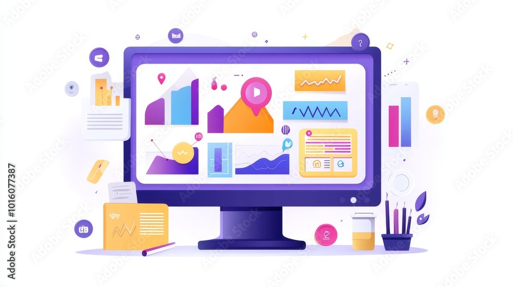 This image shows a computer screen with charts, graphs, and documents. It's perfect for showing data in presentations, reports, and business projects. The style is simple and modern.