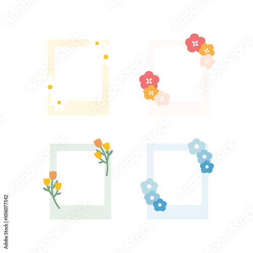 Cute polarid photo frame template set. Daisy, tulip, pink, blue flower. Natural, plant, floral, blossom decoration. Flat decorative vector design isolated illustration. photo