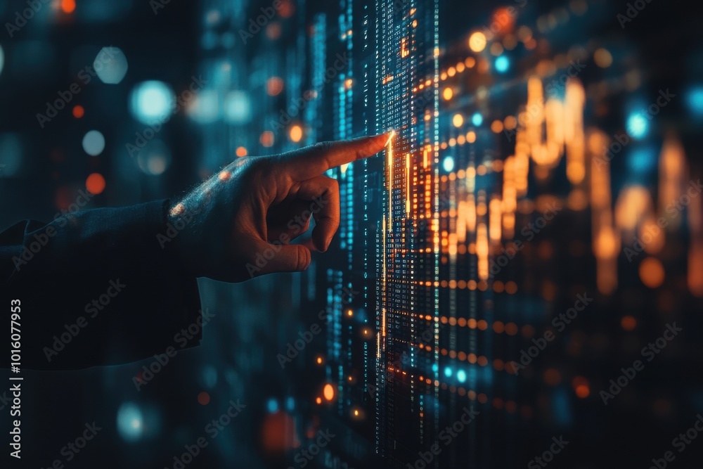 A hand pointing at a screen with a lot of numbers and lines A hand pointing at a screen with a lot of numbers and lines