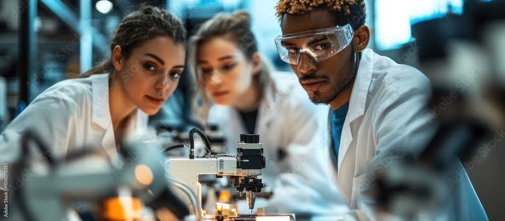 Three scientists, two women and one man, in lab coats, are working together using a microscope. They are looking at a sample through the microscope and discussing their findings. Three scientists, two women and one man, in lab coats, are working together using a microscope. They are looking at a sample through the microscope and discussing their findings.