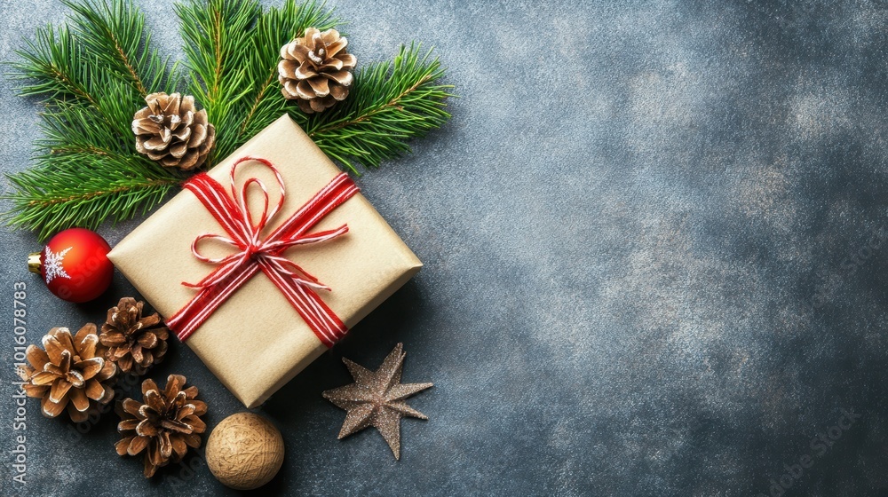 Festive holiday background with Christmas gift decorations Festive holiday background with Christmas gift decorations
