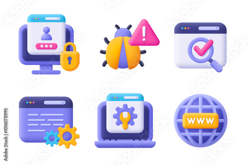 Web development , SEO, coding and programming 3d vector icon set. Cartoon minimal style.