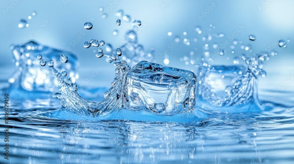 Crisp ice cube splash in crystal clear water Crisp ice cube splash in crystal clear water