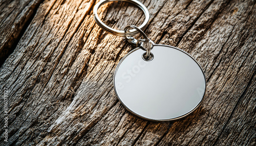 A shiny, blank keychain tag rests on a textured wooden surface, ideal for personalization or identification purposes.