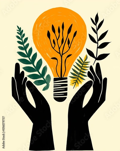 Hands hold a light bulb filled with plant life to promote sustainability, minimal illustration