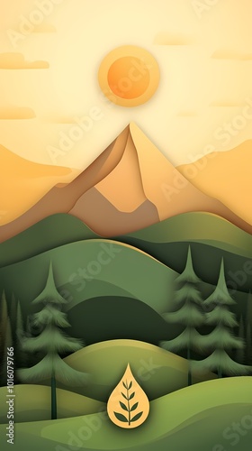 This artwork depicts mountains and trees under a warm golden sun, minimal illustration