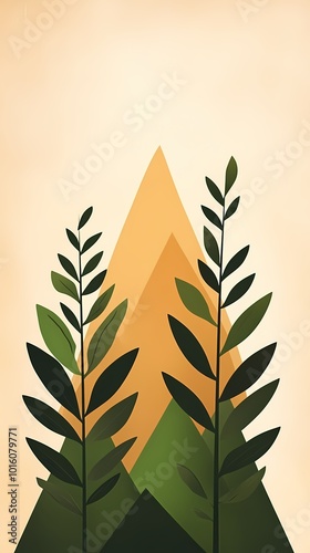 Colorful foliage and mountains represent a commitment to sustainability, minimal illustration