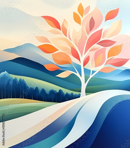 Colorful leaves adorn a tree on gently undulating hills in autumn, minimal illustration