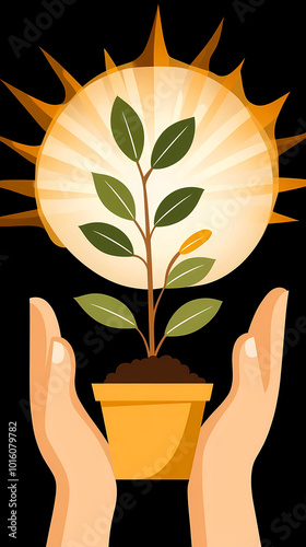Hands support a potted plant as the sun shines brightly behind it, minimal illustration