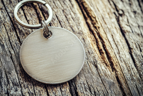 A close-up of a metal keychain pendant on a wooden surface, showcasing its sleek design and texture.