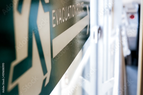 Evacuation route direction signage placed in public transport station