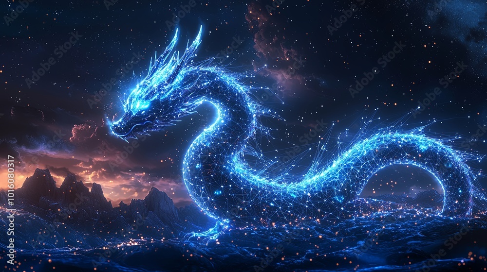 An intense azure dragon captures attention with luminous energy, poised over crashing, ethereal waves. Sparks of light accentuate its graceful presence. An intense azure dragon captures attention with luminous energy, poised over crashing, ethereal waves. Sparks of light accentuate its graceful presence.
