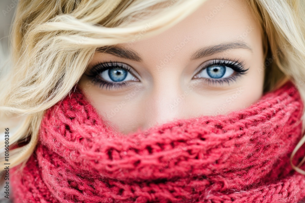 Stunning blue-eyed woman wrapped in cozy red scarf Stunning blue-eyed woman wrapped in cozy red scarf