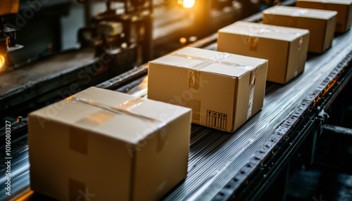 A conveyor belt transporting neatly packaged cardboard boxes in a warehouse setting, illustrating logistics and distribution processes.