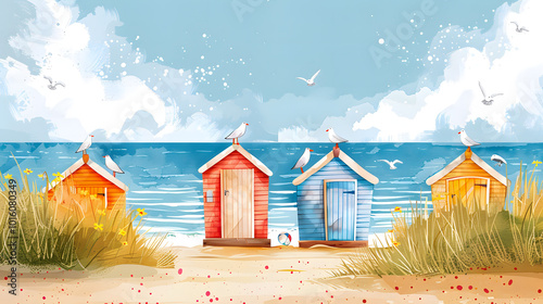 Panoramic summer banner, card, print beach huts, seagulls, sandpipers, various coastal design elements hobbies and leisure sea, ocean, or lake. Marine-themed watercolor illustration beach landscape photo