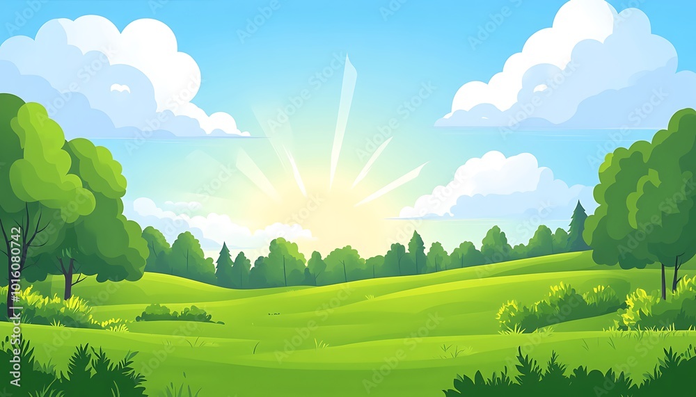 Obraz premium Landscape countryside nature background with sky, green trees, hill and meadow, vector illustration flat design 