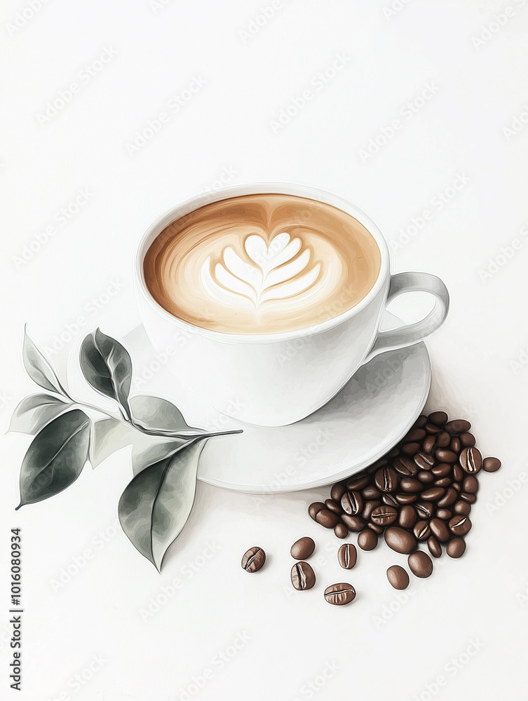 Obraz premium Watercolor Latte with coffee art, isolated on white background, Summer Drink