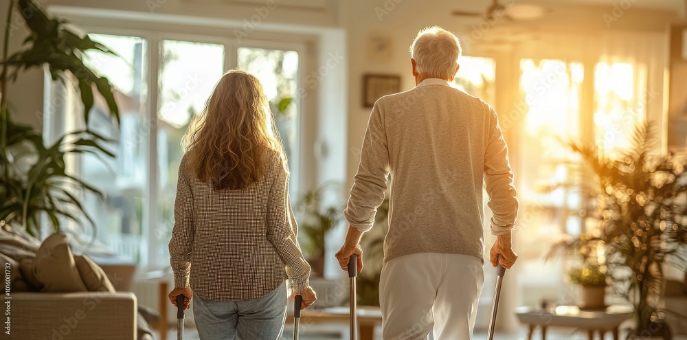 Naklejka premium A man and woman are walking through a living room, both holding suitcases