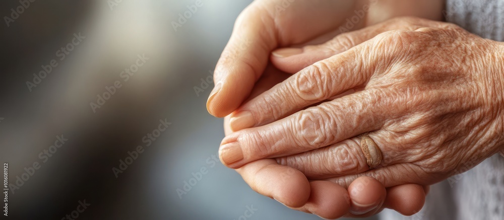 Fototapeta premium Close-up of an elderly person's hands with wrinkles and a gold ring, being held by a younger person's hand.