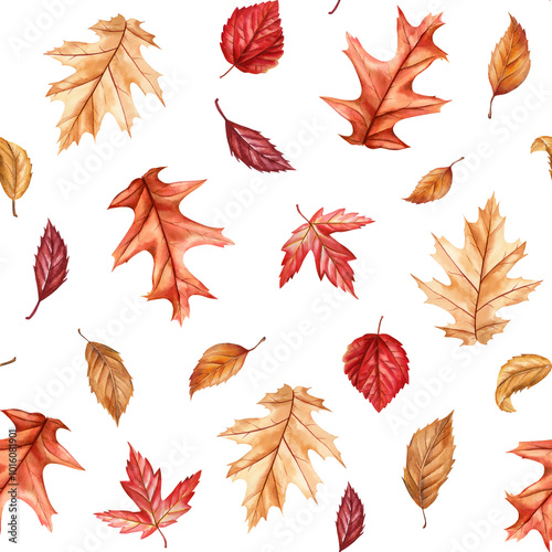 Vibrant watercolor autumn leaves seamless pattern. Fall foliage for seasonal designs, hand-painted colorful dry leaves