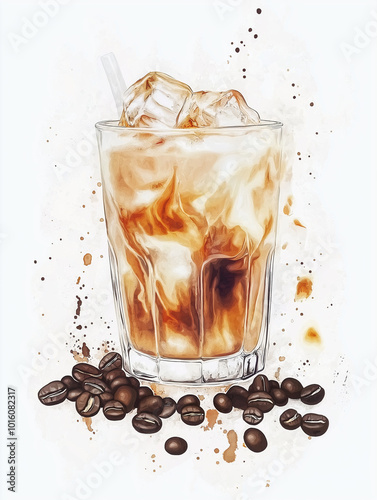 Watercolor Iced Latte with milk swirls, isolated on white background, Summer Drink