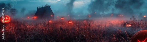 Spooky Halloween landscape featuring glowing pumpkins in a misty field with an eerie atmosphere and ghostly silhouettes.