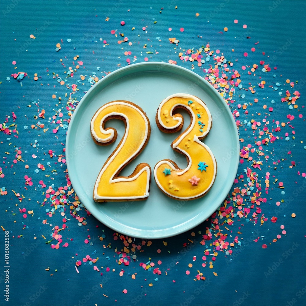 Decorated cookie, number 23, image for birthday or anniversary celebration Decorated cookie, number 23, image for birthday or anniversary celebration