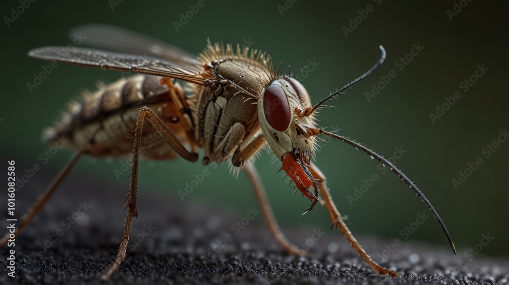 A close-up of a small insect with brown and white stripes and a red eye, perched on a dark surface. A close-up of a small insect with brown and white stripes and a red eye, perched on a dark surface.