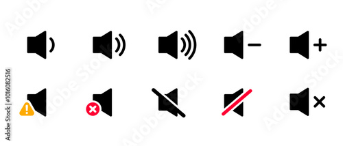 A set of volume control icons in flat design style, representing various audio states such as increasing, decreasing, muted, and sound warnings.