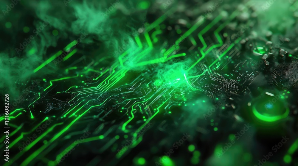 Close-up of a green circuit board with intricate patterns and glowing elements, showcasing technology and innovation. Close-up of a green circuit board with intricate patterns and glowing elements, showcasing technology and innovation.