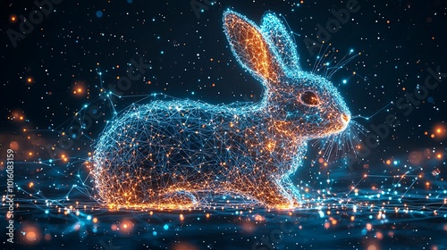 An energetic orange and blue cybernetic rabbit emanating light sparks in a digital setting, embodying dynamic energy and the fusion of color and technology.