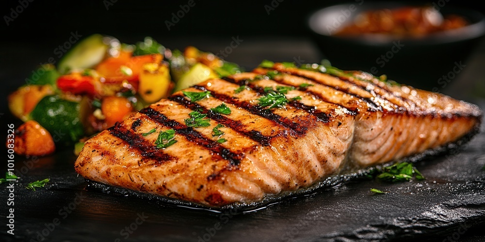 Grilled salmon fillet with vegetables on a slate platter, garnished with herbs, showcasing vibrant colors and healthy meal options.