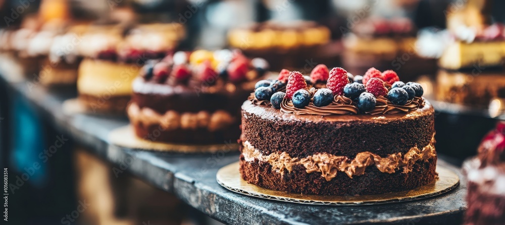 Decadent Chocolate Cakes Decorated with Fresh Berries A Tempting Display of Sweet Treats Decadent Chocolate Cakes Decorated with Fresh Berries A Tempting Display of Sweet Treats
