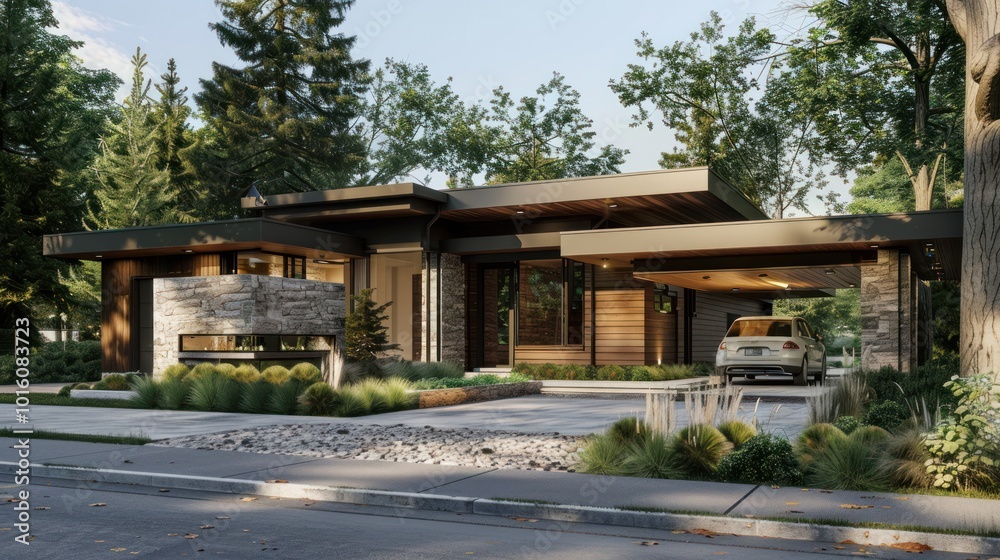 Modern House with Stone and Wood Facade and a White Car in the Driveway Modern House with Stone and Wood Facade and a White Car in the Driveway