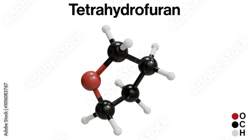 3D Illustration of Chemical Structure of Tetrahydrofuran (THF) on a White Background: A Detailed Representation of the Heterocyclic Ether Molecule photo