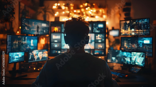 Silhouette of Person Sitting in Front of Multiple Monitors in Dark Room - Illustration